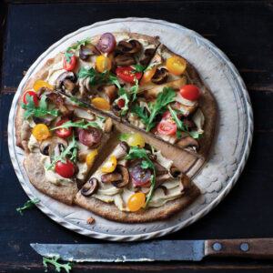 Hummus Pizza Recipe with Arugula & Wild Mushrooms